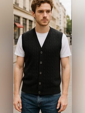 Kallspin Wool Black Button-Front‎ Cable Knit Slim Sweater Vest Size M